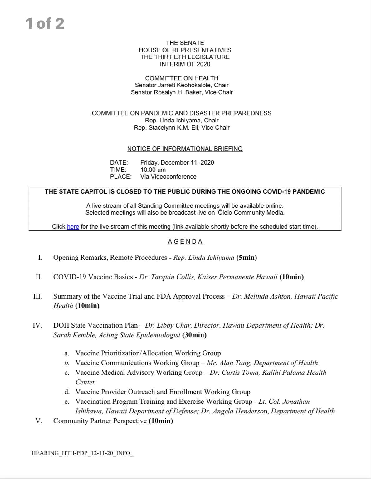 Livestream: Hawai`i State Senate Informational Briefing on COVID-19 Vaccine